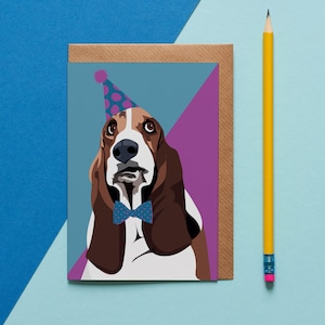 Basset hound card, cane in cappello da festa e papillon