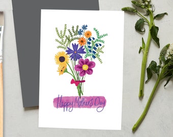 Happy mothers day greeting card with floral illustration bunch of flowers