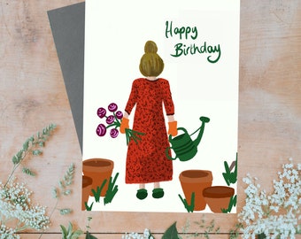 Puede incluir: Una tarjeta de felicitación con una mujer con un vestido rojo que sostiene un ramo de flores moradas y una regadera. La tarjeta dice "Feliz cumpleaños" en letras verdes.