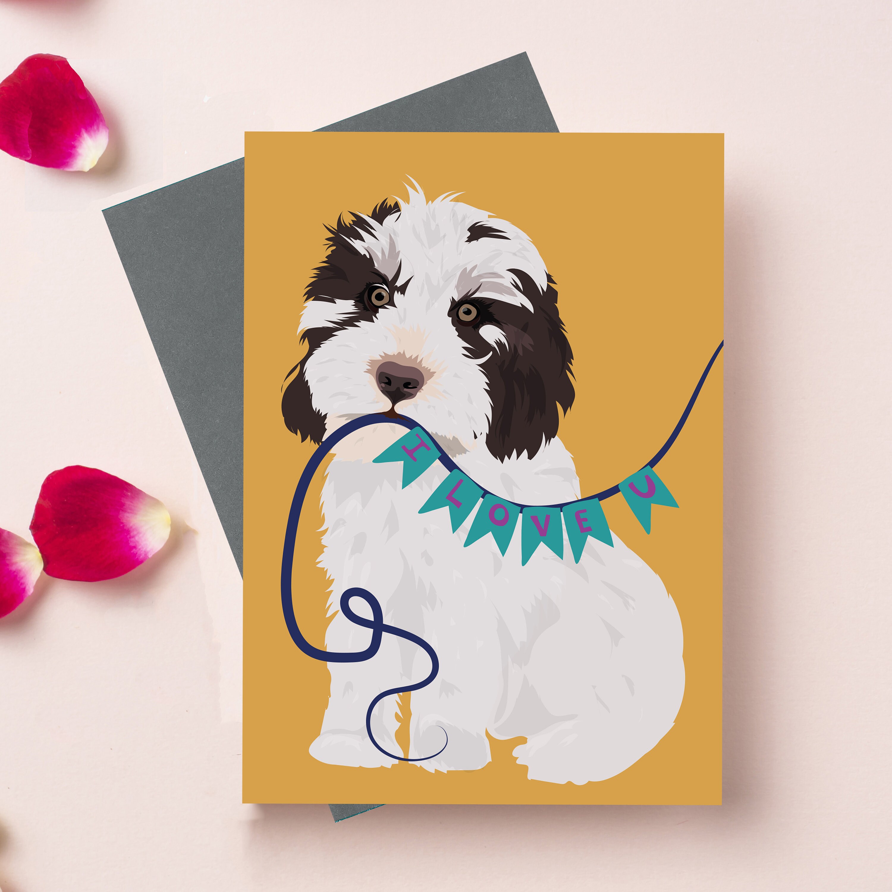 Chester le chiot cockapoo tenant bunting en disant je t’aime, carte de vœux pour chien de Saint-Valentin