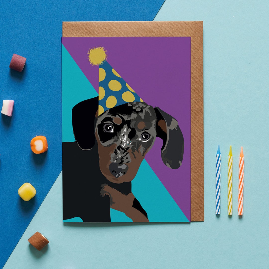 Sausage Dog, Miniature Dachshund Birthday Card With Party Hat - Etsy