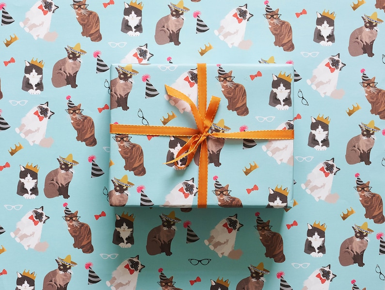 May include: Blue wrapping paper with a repeating pattern of cats wearing party hats, glasses, and sombreros. The cats are in various poses and colors, including black, white, brown, and gray. A gold ribbon is tied around the paper.
