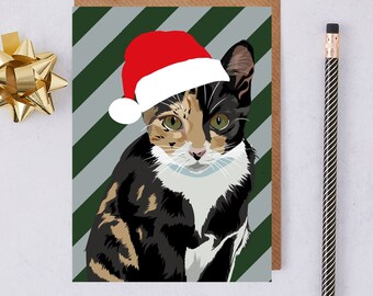 Tabby cat Scout card wearing a Santa hat