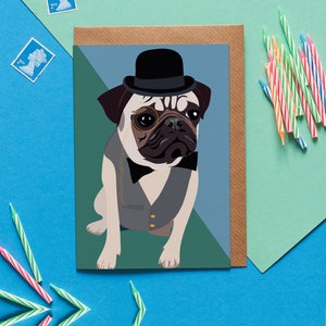 Biglietto di compleanno Pug con bombetta, monocolo e gilet