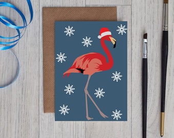 Flamingo Christmas card wearing santa hat