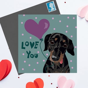 Sausage dog dachshund valentines day card love you with heart balloon illustration