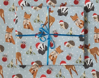 Woodland Christmas wrapping paper, fox, badger, deer, hedgehog