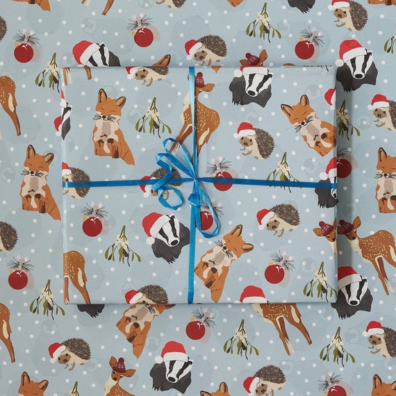 Woodland Christmas wrapping paper, fox, badger, deer, hedgehog