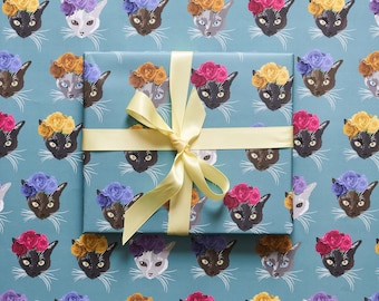 Cat wrapping paper featuring siamese cat wearing yellow flower crown