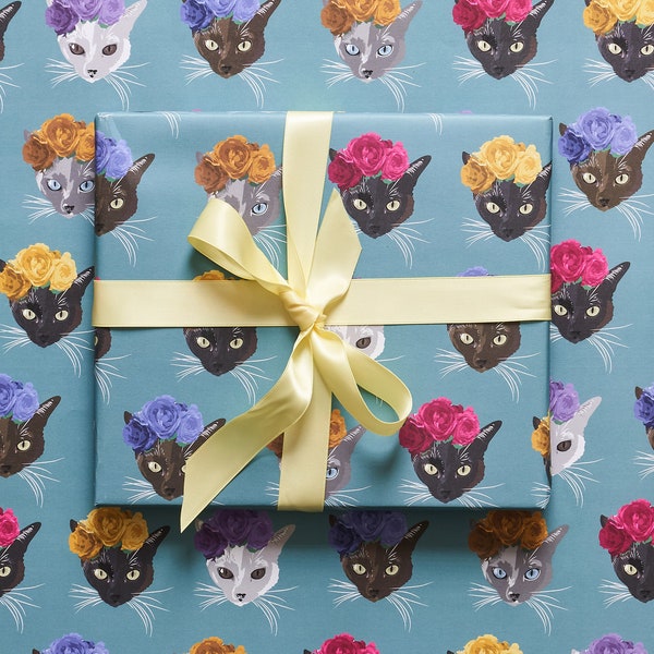 Cat wrapping paper featuring siamese cat wearing yellow flower crown