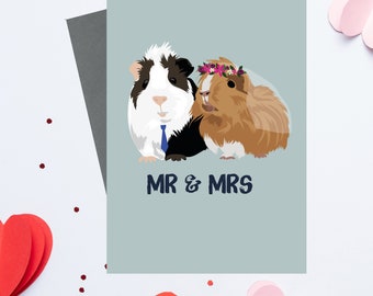 mr and mrs wedding guinea pig card. Wedding card with illustrated guinea pigs in veil and tie