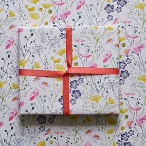 Meadow, floral wrapping paper with illustrated British wildflowers and native flora and fauna