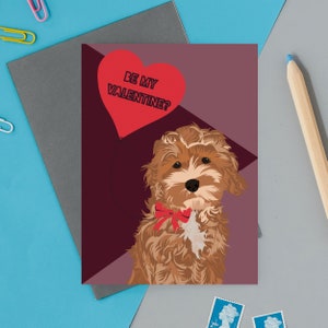 ¿Ser mi San Valentín? Tarjeta de San Valentín Cockapoo con lindo lazo e ilustración de corazón
