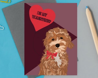 Be my valentines? Cockapoo valentine card with cute bow and heart illustration