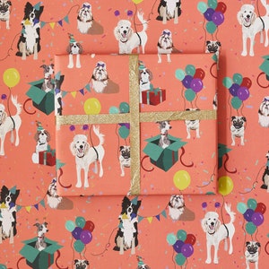 Birthday dog wrapping paper featuring whippet, shitzu, poodle, king Charles cavalier spaniel and boarder collie