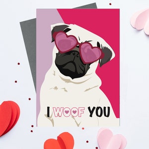 Pug, I woof you valentines greeting card, dog wearing heart glasses illustration