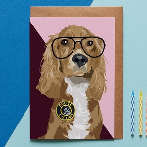 Carta Cocker spaniel, cane poliziotto K9 con badge e occhiali