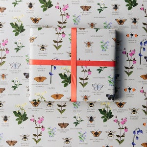 Oxfordshire wildlife wrap, bee, bumble bee, butterfly, wild flower wrapping paper