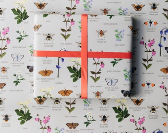 Oxfordshire wildlife wrap, bee, bumble bee, butterfly, wild flower wrapping paper