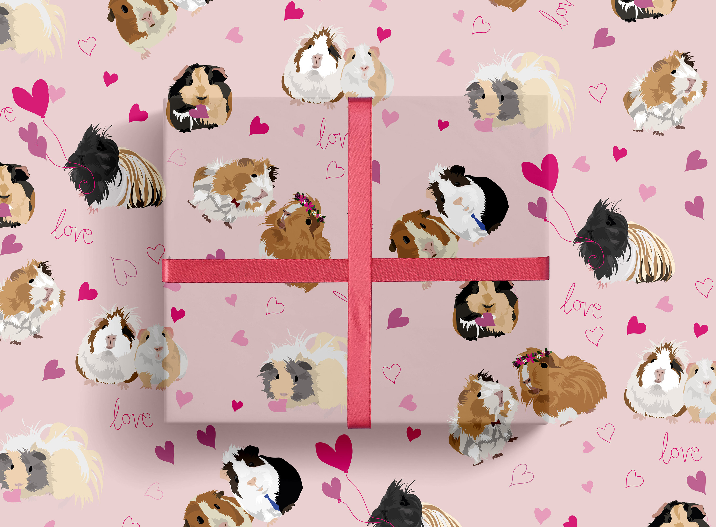 Guinea pig love wrapping paper. Illustrated guinea pig gift wrap, love, valentines, birthday, anniversary