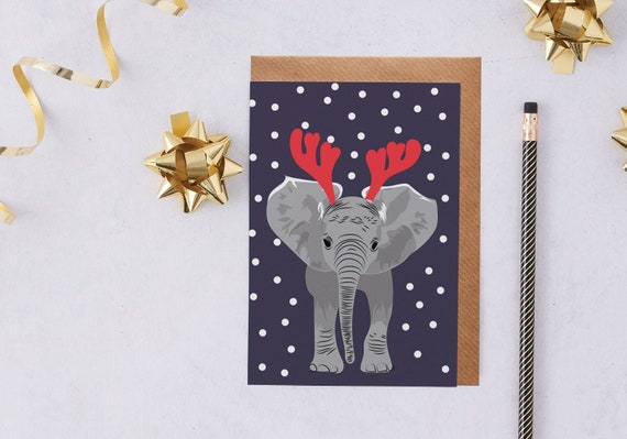 Elephant Christmas Card Elephant Wearing Antlers in the Snow  Etsy