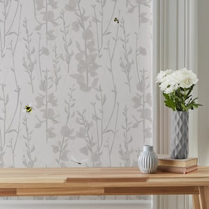 Broom and Bee wallpaper in two colour options, grey or blue and yellow. featuring bees and dragonflies with floral design wallpaper