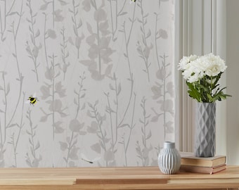 Broom and Bee wallpaper in two colour options, grey or blue and yellow. featuring bees and dragonflies with floral design wallpaper