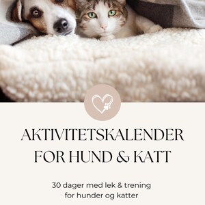 Puede incluir: Un perro y un gato acurrucados bajo una manta gris sobre una superficie esponjosa de color crema. La imagen incluye el texto "AKTIVITETSKALENDER FOR HUND & KATT" y "30 dager med lek & trening for hunder og katter."