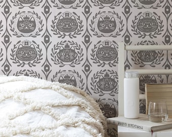 Three Cats Block Print Inspired in earthy taupe wallpaper
