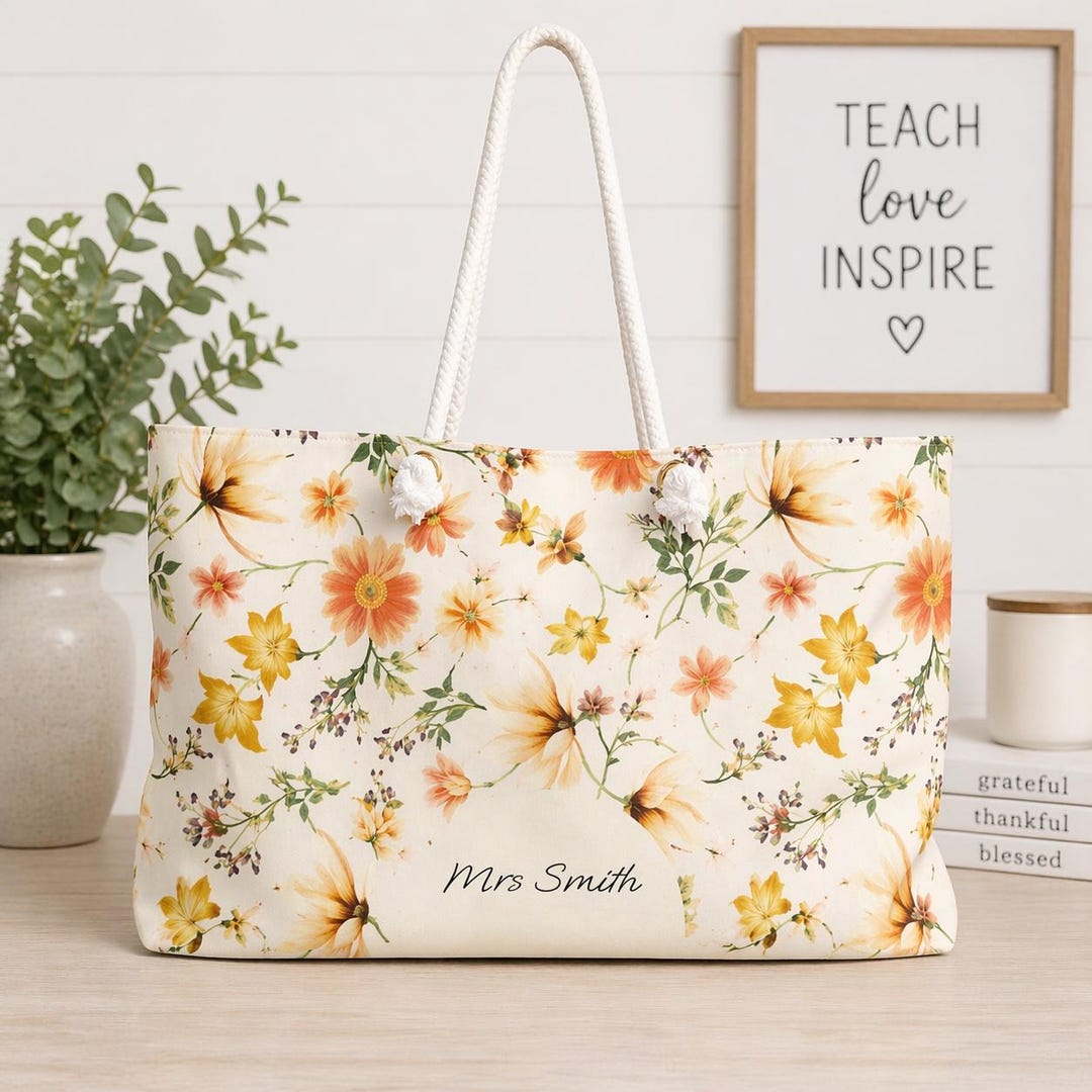 Personalized Teacher Tote Bag Custom Name Floral Tote Teacher Gift End ...