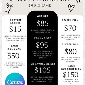May include: A lash price list with a light background, featuring prices for various lash services. The list includes options like bottom lashes, lash removal, wet set, volume set, and lash subscription. The Canva logo is visible.