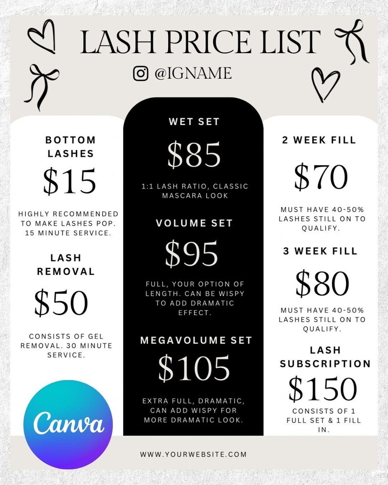 May include: A lash price list with a light background, featuring prices for various lash services. The list includes options like bottom lashes, lash removal, wet set, volume set, and lash subscription. The Canva logo is visible.