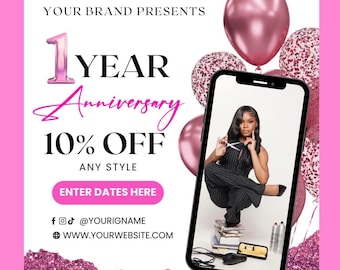 May include: A promotional graphic featuring the text YOUR BRAND PRESENTS 1 YEAR Anniversary 10% OFF ANY STYLE ENTER DATES HERE. A smartphone displays a person in a black pinstripe jumpsuit holding scissors, sitting on books with hair tools.