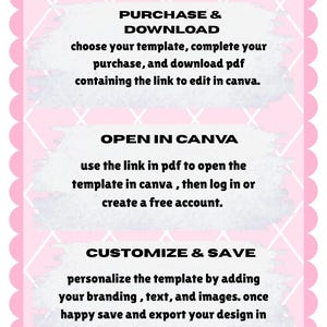 May include: A pink and white infographic titled "HOW TO EDIT YOUR TEMPLATE" with instructions. The steps include purchasing and downloading, opening in Canva, and customizing and saving the template. The design has a scalloped border.