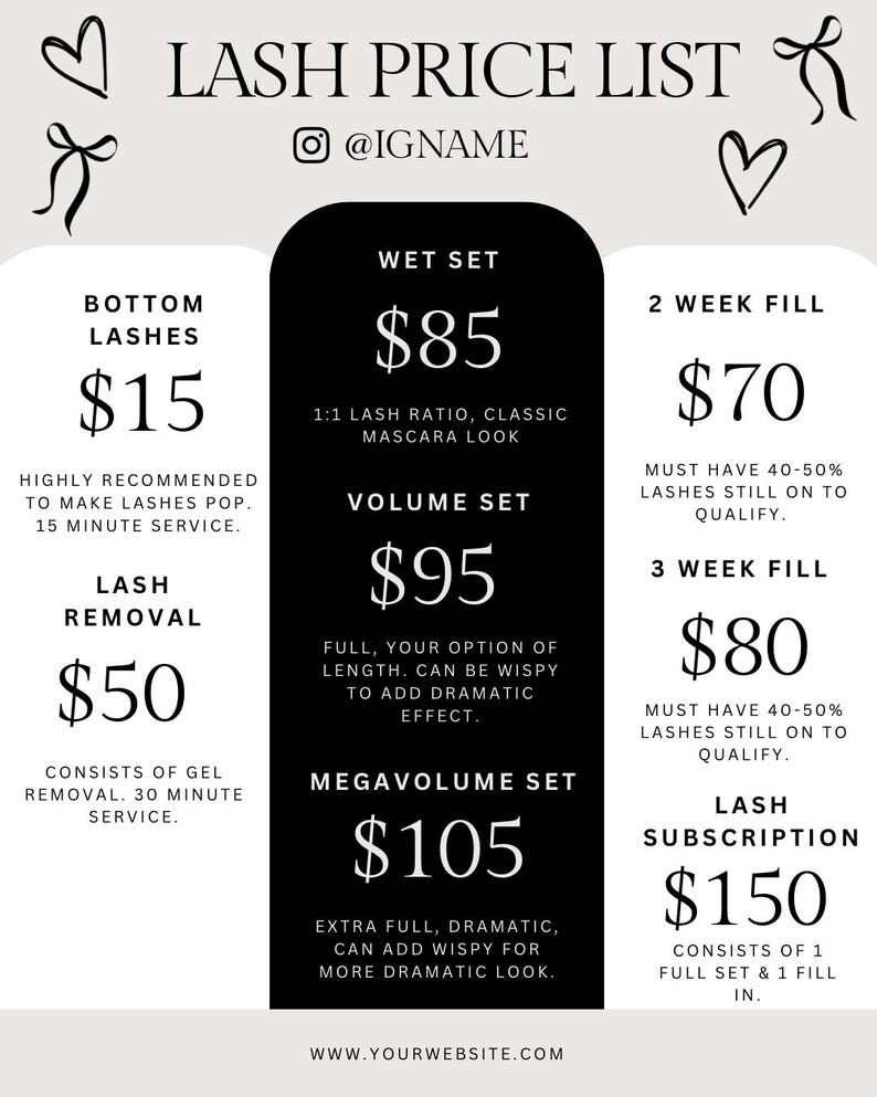 May include: A lash price list on a light gray background with black text. The list includes prices for bottom lashes, lash removal, wet sets, volume sets, and megavolume sets. The text also includes a lash subscription option.