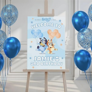 Letrero de bienvenida de perro azul para cumpleaños / Fiesta de cumpleaños de perro azul / Invitación de cumpleaños de niña / Artículos para fiesta de perro azul / Letrero de cumpleaños de perro azul A2