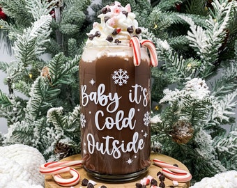 Glass Coffee Cup • Baby It's Cold Outside • Iced Coffee Glass • Beer Tumbler Glass • Iced Coffee Cup Glass