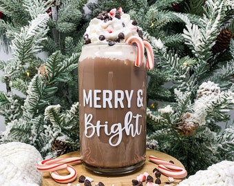 Glass Coffee Cup • Merry & Bright • Iced Coffee Glass • Beer Tumbler Glass • Iced Coffee Cup Glass