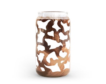 Coffee Lover Glass • Cow Print Design • Beer Glass Can • Glass Coffee Cup • Glass Can • Iced Coffee Glass • Aesthetic Glass Beer Can • 