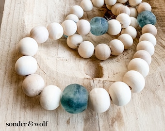 Wood Bead & Grey Recycled Glass Garland: Boho Coastal Decor