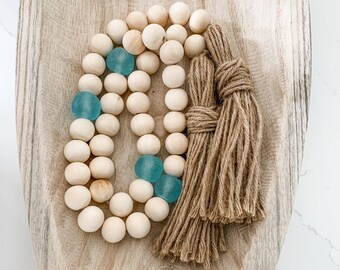 Wood Bead & Ice Blue Recycled Glass Garland: Coastal Boho Decor