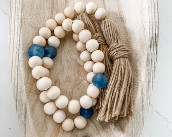 Wood Bead & Cobalt Blue Recycled Glass Garland: Coastal Boho Decor