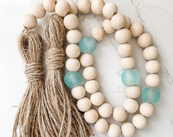 Wood Bead & Aqua Glass Garland: Coastal Boho Tiered Tray Decor