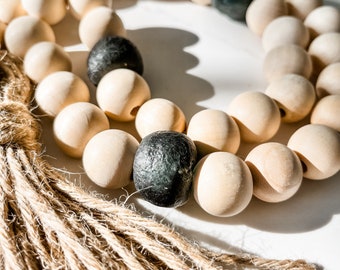 Wood Bead & Black Recycled Glass Garland: Coastal Boho Tassel Decor