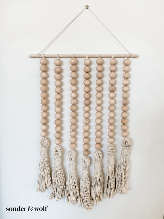 Tapiz Colgante Bohemio Con Borlas Y Cuentas De Madera – Decoración De Pared 90x20 Cm Para Salón Y Dormitorio