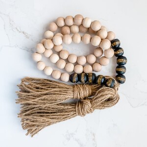 4ft Wood Bead Garland with Black Kente Krobo Beads • Farmhouse Garland • Boho Garland • Nursery Decor • Playroom Decor