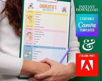 Kids School Checklist: Editable Chore Chart, Daily Planner (Digital Download)