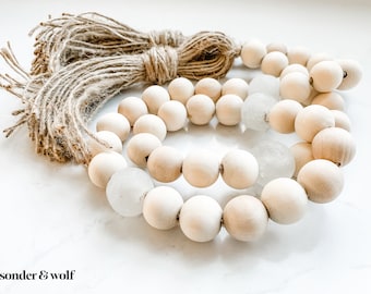 Wood Bead & Recycled Glass Garland: Coastal Boho Tassel Decor