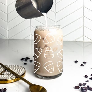 Coffee Lover Glass • Candy Corn Design • Beer Glass Can • Glass Coffee Cup • Glass Can • Iced Coffee Glass • Aesthetic Glass Beer Can • 