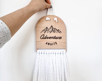 Adventure Awaits Half Moon Macrame Sign • Boho Decor • Dorm Room Decorations • Nursery Signs • Door Hanger • Inspirational Signs • Travel